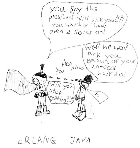An 8-year-old's drawing of two superheros bickering and spitting at each other