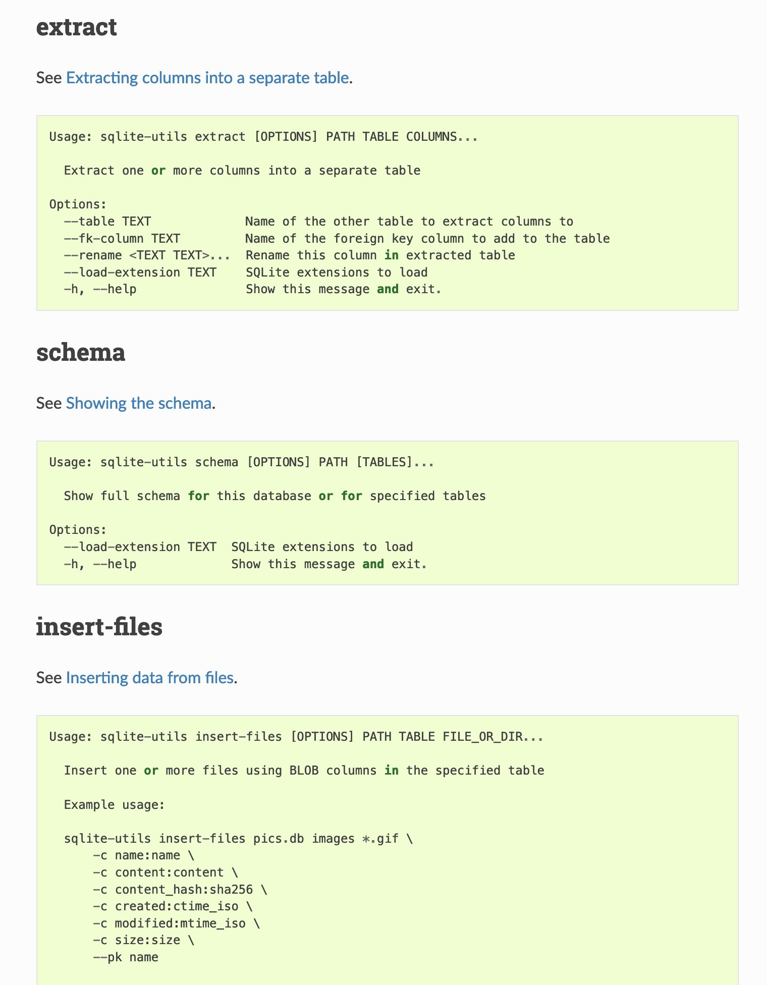 Partial screenshot of that page, showing three different commands each with their --help output and a link to further information in the prose documentation