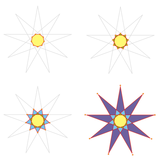 Three stellations of a 9-sided polygon