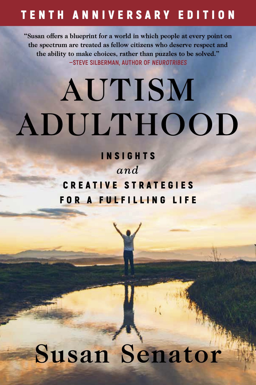 The cover of Autism Adulthood: a person raising their arms in celebration, silhouetted against a dawning sky