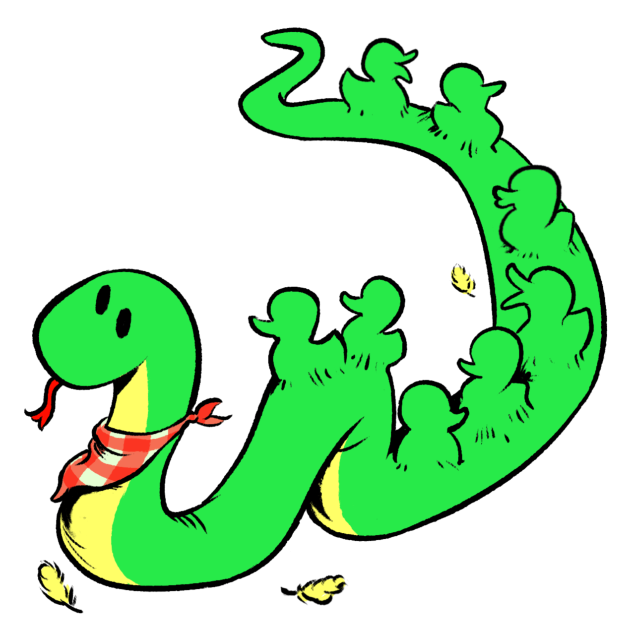A cute snake with a napkin around its neck, with eight duckling-shaped bumps along its body