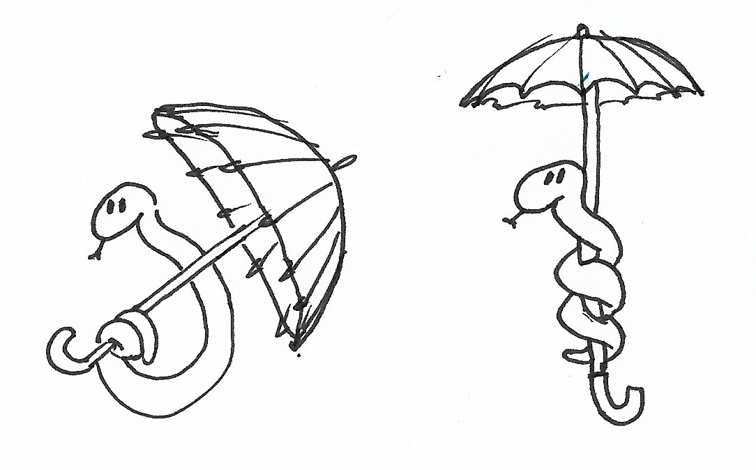 Two different ideas for snakes holding umbrellas