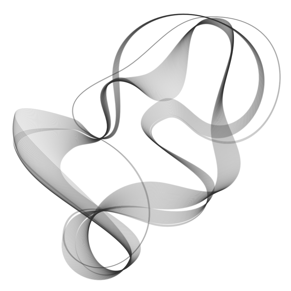 80 wobbly black hobby curves with low opacity. In some places the curves travel together, but sometimes they split in 2 or 3 groups and later reunite. Due to the low opacity, depending on how many curves overlap the result is brighter or darker.