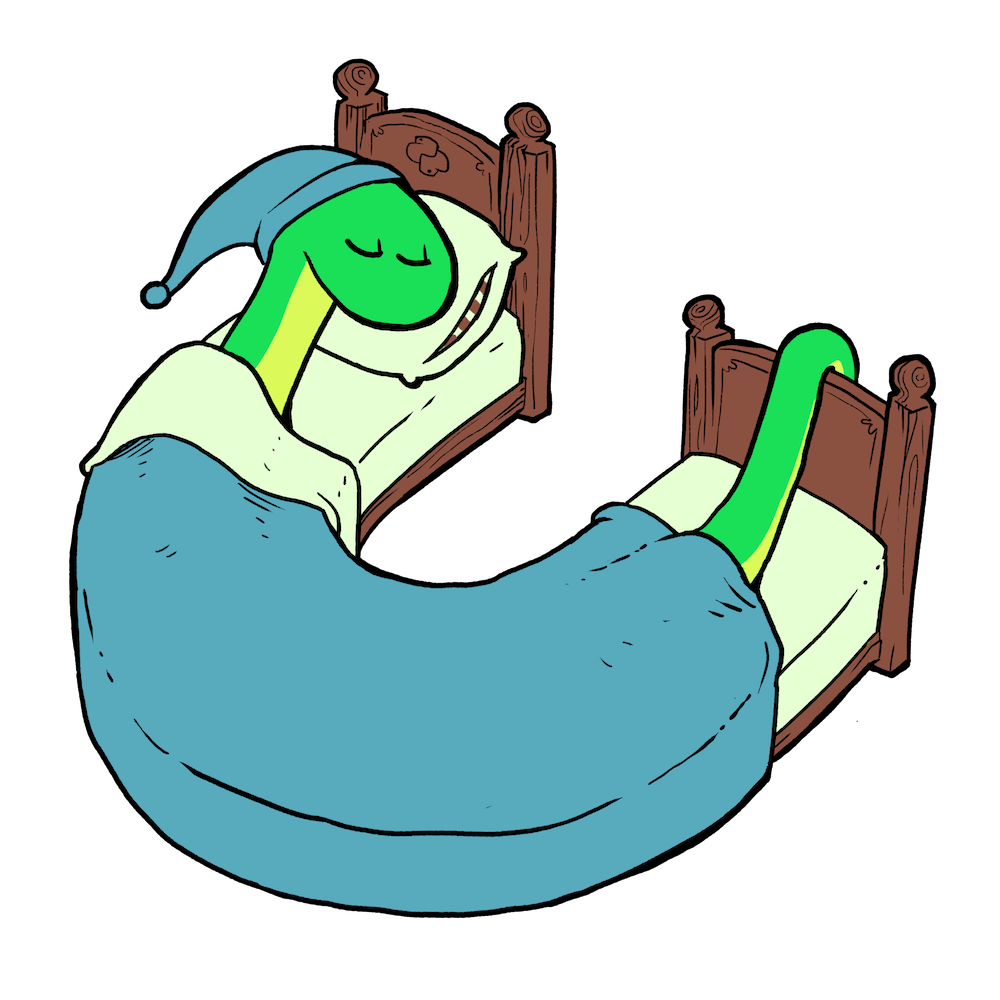 Sleepy Snake snugly tucked into a C-shaped bed