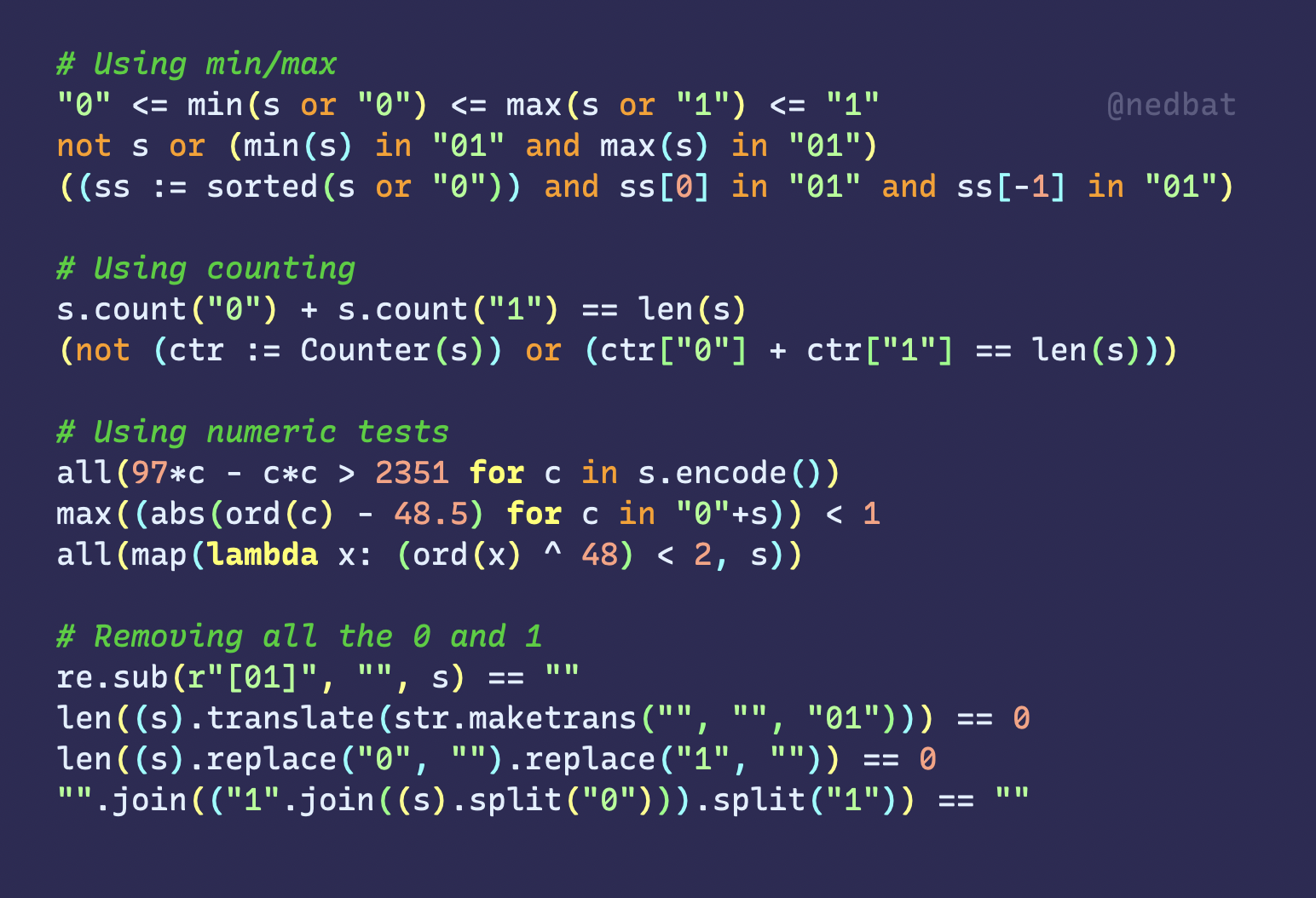 More Python expressions checking if a string is only zeros and ones